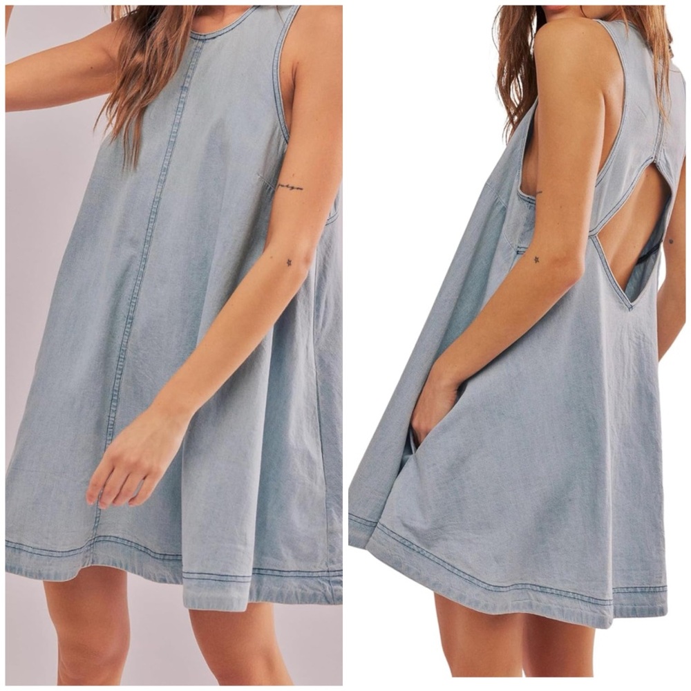 🩵 UTCOCO Light Blue Denim Cutout Back Trapeze Babydoll Mini Dress